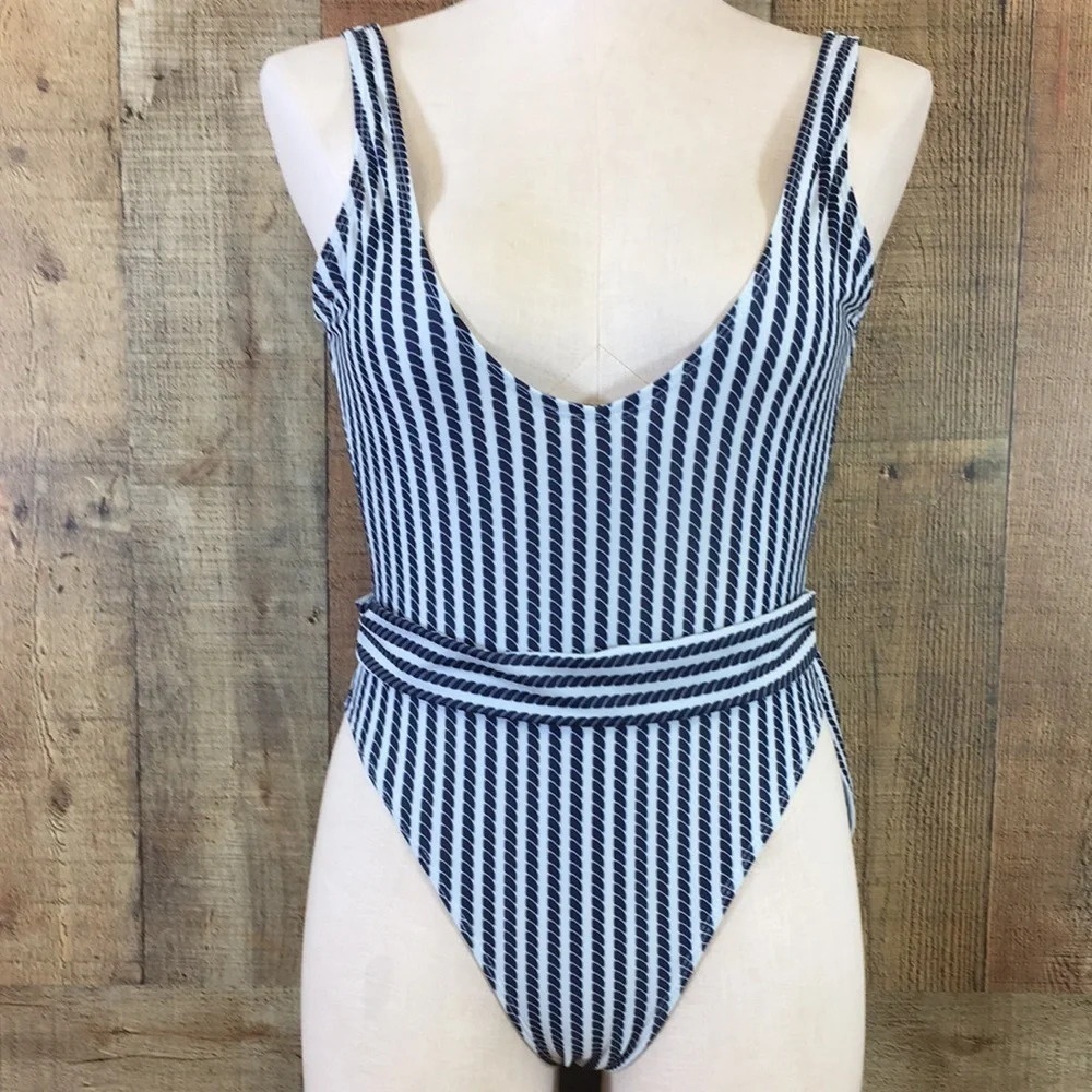 Boohoo Blue White Striped Nautical Rope Tie Waist One Piece Swimsuit Womens 6